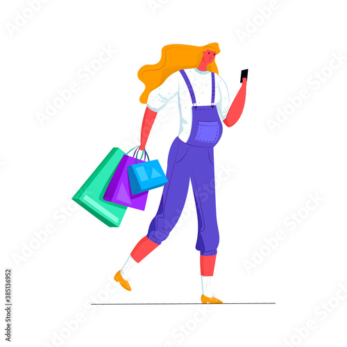 Vector pregnant woman carrying shopping bags in her hand, looking at her phone and ordering online. Concept shopping, ordering via Internet, self delivery. It can be used in web design, banners, etc.