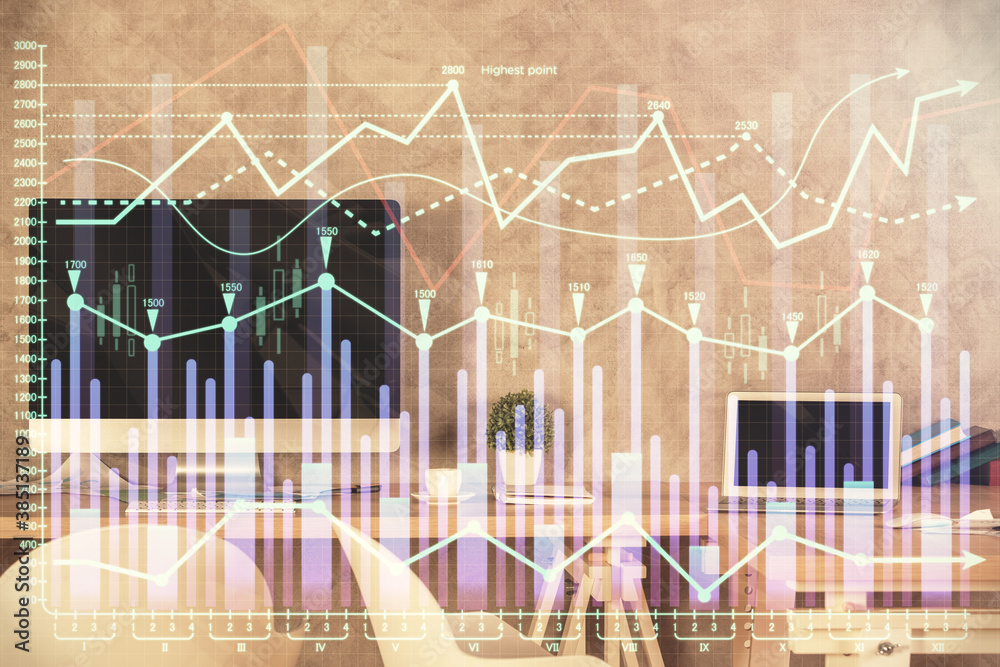 Multi exposure of financial graph drawing and office interior background. Concept of market analysis. Multi exposure of financial graph drawing and office interior background. Concept of market analysis.