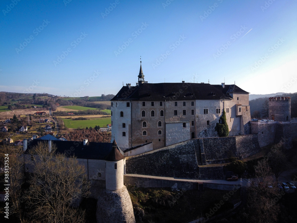 Cesky Sternberk castle view by bright winter noon, Czech Republic