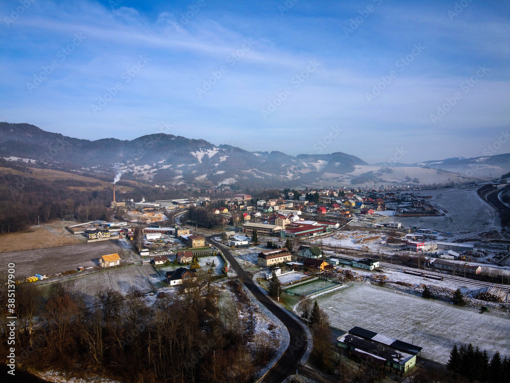 Panoramic landscape near Kremnica village by winter noon, Slovakia