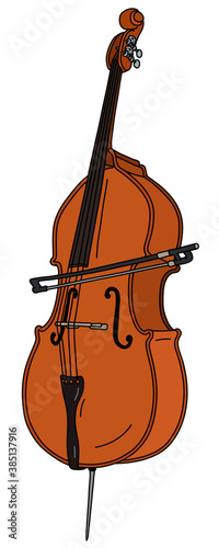 The vectorized hand drawing of a classic contrabass with a bow