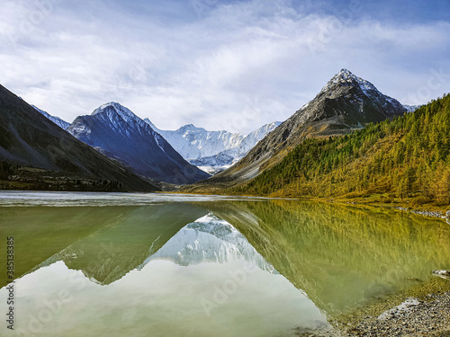 Reflection of the Belukha mountain in Akkem lake in Altai photo