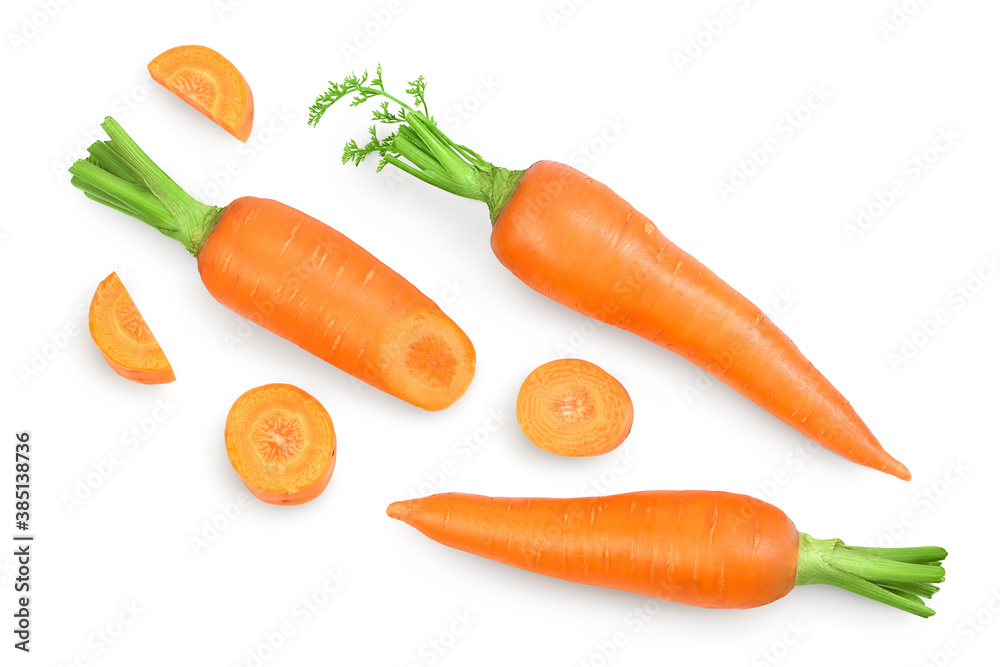 Carrot isolated on white background with clipping path and full depth of field. Top view. Flat lay