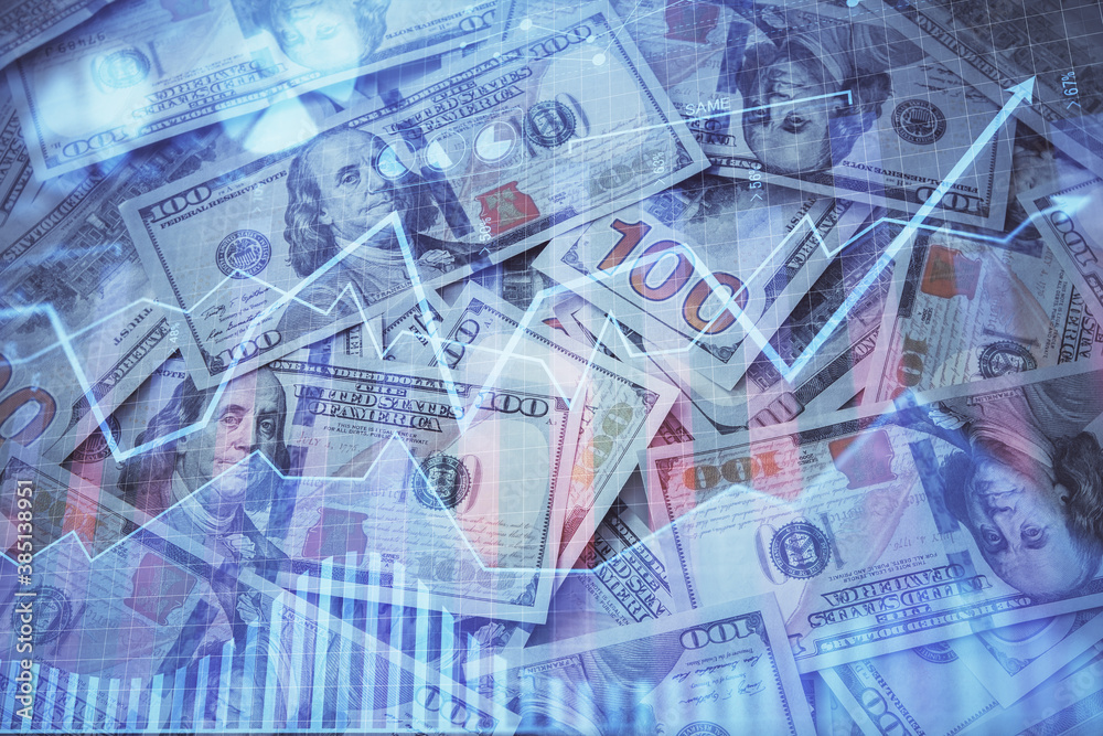 Double exposure of forex graph drawing over us dollars bill background. Concept of financial markets. Double exposure of forex graph drawing over us dollars bill background. Concept of financial markets.