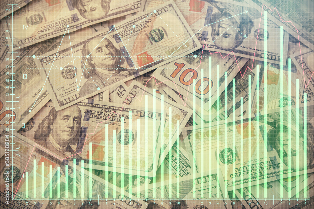 Multi exposure of forex chart drawing over us dollars bill background. Concept of financial success markets. Multi exposure of forex chart drawing over us dollars bill background. Concept of financial success markets.
