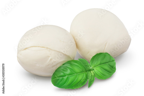 Mozzarella cheese with basil leaf isolated on white background with clipping path and full depth of field