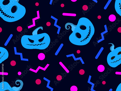Halloween seamless pattern with scary pumpkins and geometric shapes in the style of the 80s. Retro background for printing on paper, advertising materials and fabric. Vector illustration