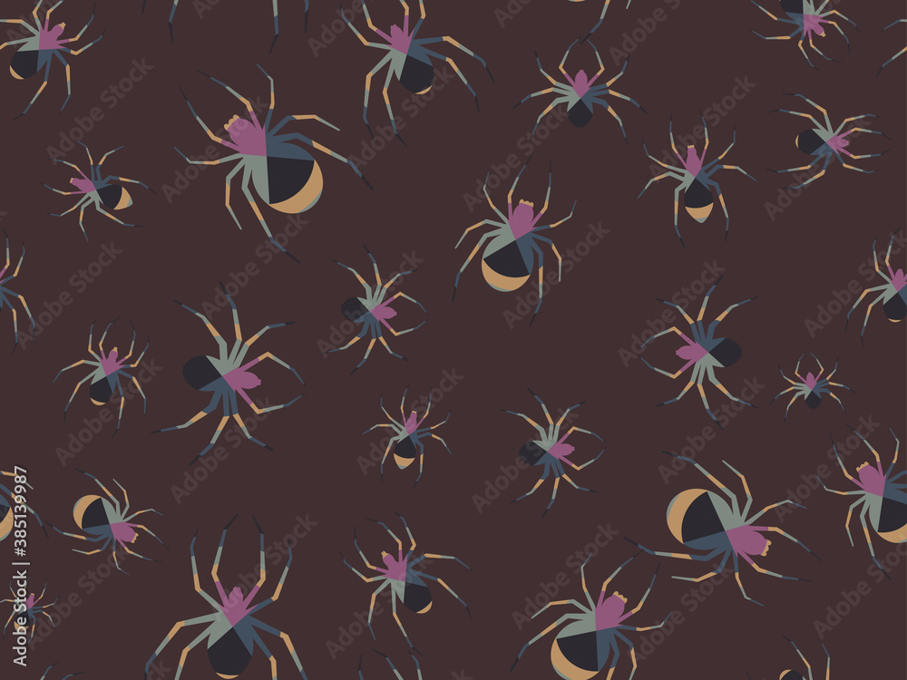 Spiders seamless pattern of different colors. Halloween background with scary spiders, design for printing on flyers, invitations and wrapping paper. Vector illustration