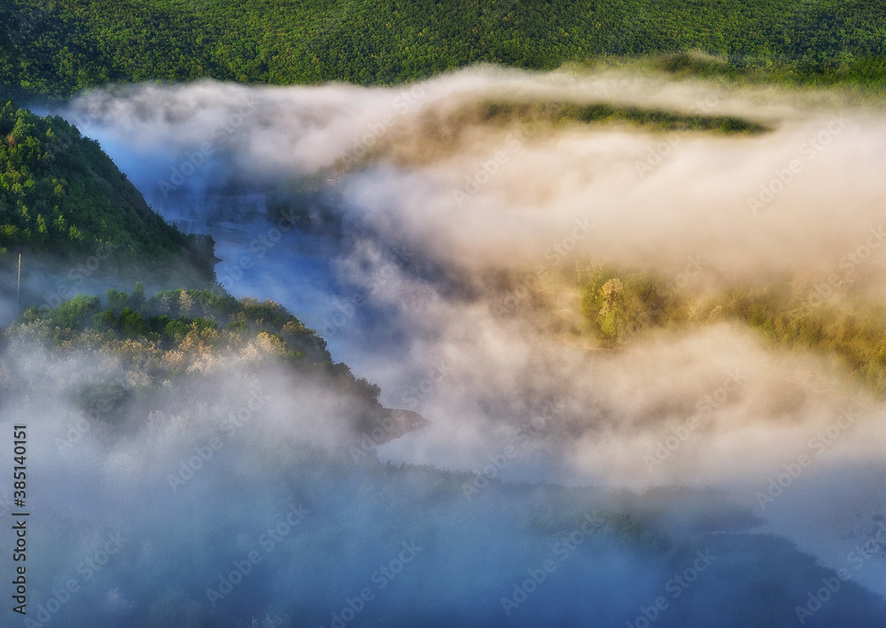 fog in the canyon. Autumn morning in the Dniester river valley