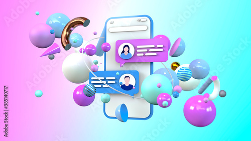 Smartphone chat - Communicating via text message on mobile phone with abstract shapes and elements. Colourful and modern 3d render illustration.