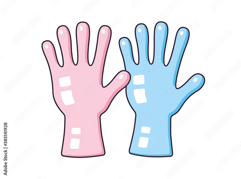 Pink and blue rubber cleaning or latex medical gloves isolated cartoon vector icon Pink and blue rubber cleaning or latex medical gloves isolated cartoon vector icon