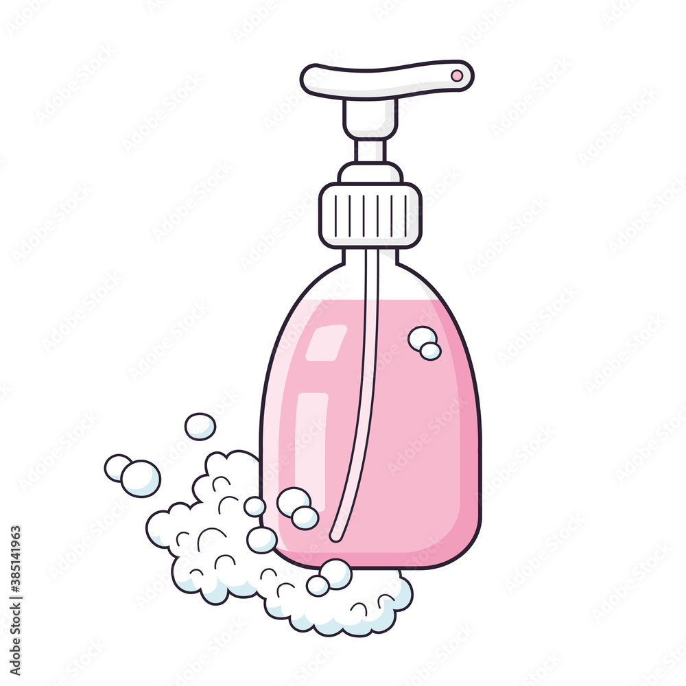 Pink liquid soap sanitizer bottle dispenser or shampoo with foam isolated Pink liquid soap sanitizer bottle dispenser or shampoo with foam isolated