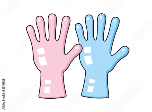 Pink and blue rubber cleaning or latex medical gloves isolated cartoon vector icon