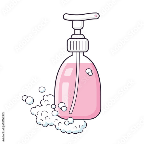 Pink liquid soap sanitizer bottle dispenser or shampoo with foam isolated