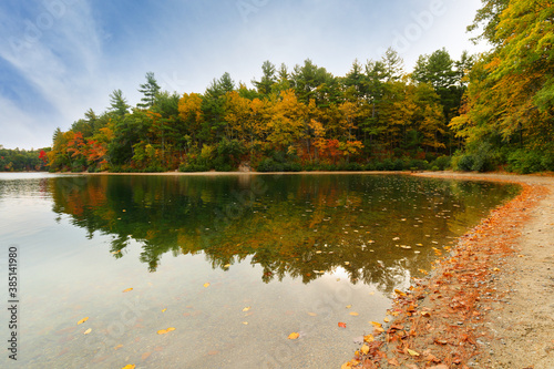 Beautiful fall foliage at Walden Pond at sun rise, Concord Massachusetts USA. Walden Pond is a lake in Concord, formed by retreating glaciers 10,000–12,000 years ago. photo