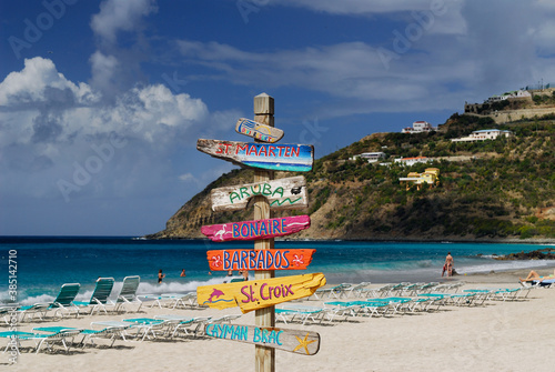 Photo Signpost of Caribbean islands on the beach at St Maarten