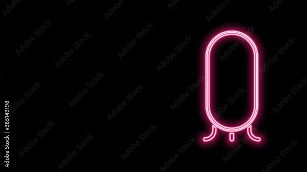 Glowing neon line Big full length mirror for bedroom, shops, backstage icon isolated on black background. 4K Video motion graphic animation