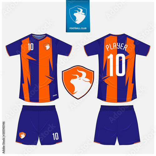 Soccer jersey or football kit mockup template design for sport club. Football t-shirt sport, shorts mockup. Soccer uniform in front view, back view. Bull logo in flat design. Vector Illustration.