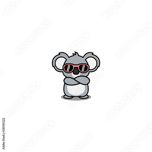 Cute koala with sunglasses crossing arms cartoon, vector illustration
