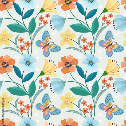 Colorful hand draw flowers and butterfly seamless pattern for fabric textile wallpaper.