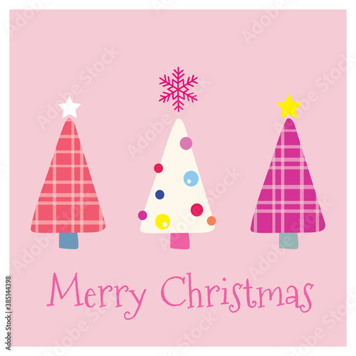 Cute Merry Christmas greeting card with pink lettering and fun colorful plaid trees illustration. Vector design elements. Great for stickers, labels, tags, and icons.
