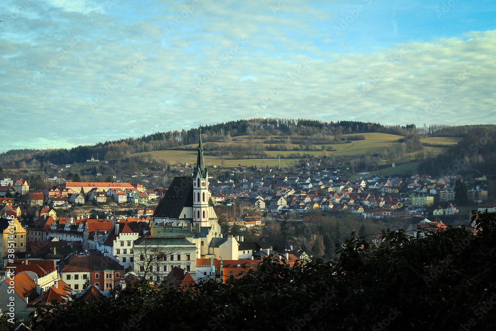 Cesky Krumlov panoramic view by winter morning, Czech Republic