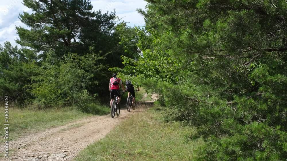 Tourists biking along the River Main Cycle Path to the Edelweiss Flower near Karlstadt am Mainon a sunny summer day. A famous bavarian trail with wild nature and beautiful view over the Main Valley.