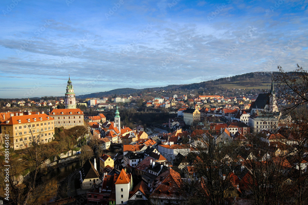 Panoramic view of Cesky Krumlov historic town and castle tower, Czech Republic