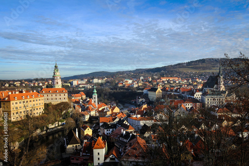 Panoramic view of Cesky Krumlov historic town and castle tower, Czech Republic