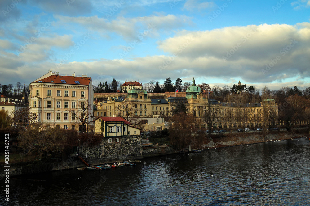 Vltava River embankment view by winter, Prague, Czech Republic
