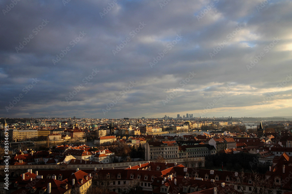 Historic center of Prague panoramic view from castle hill, Czech Republic