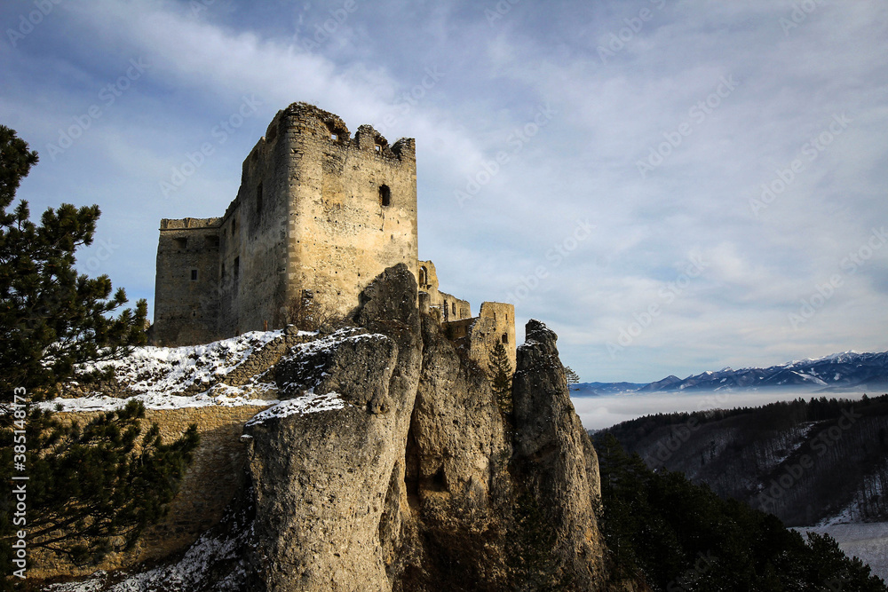 Lietava Castle ruins view by winter, Slovakia