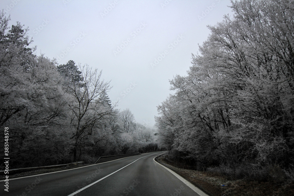 Winter road view by misty morning, Tatras mountains region, Slovakia Winter road view by misty morning, Tatras mountains region, Slovakia