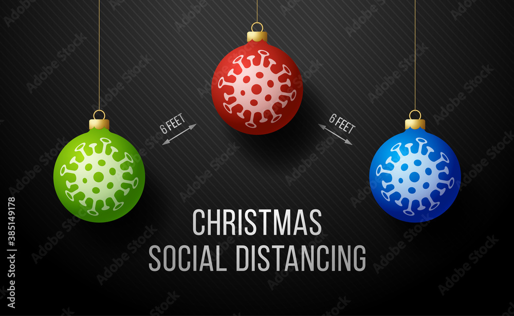 COVID-19 Keep Social Distance Merry Christmas Banner With realistic tree ball. Vector Illustration.