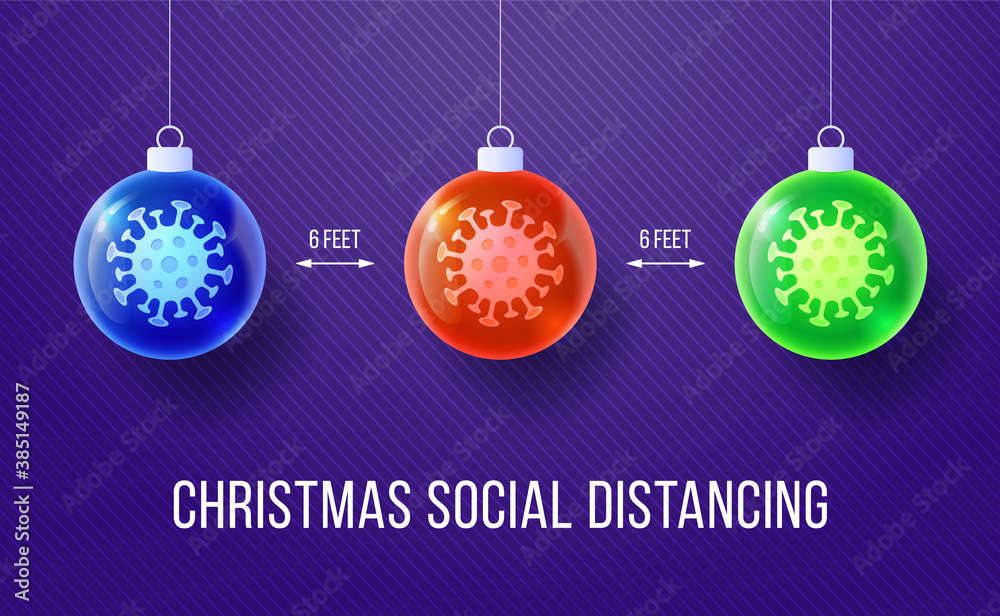 COVID-19 Keep Social Distance Merry Christmas Banner With realistic tree ball. Vector Illustration.
