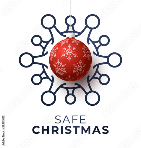 Red christmas ball and Quarantine coronavirus danger. Coronavirus Covid-19 and christmas or new year canceled concept. Vector illustration
