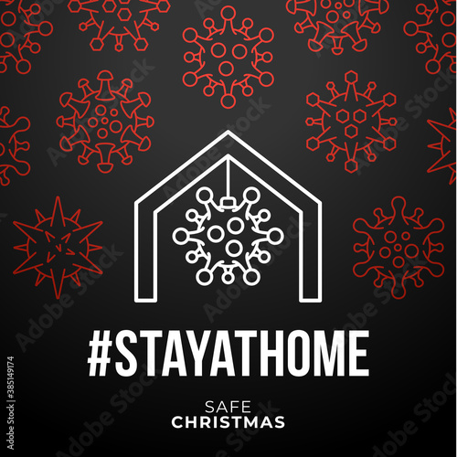 Merry Home Safe Christmas 2020. Coronavirus Christmas Card with Vector home and ball Icon. staying at home badge in Quarantine. COVID-19 Reaction.