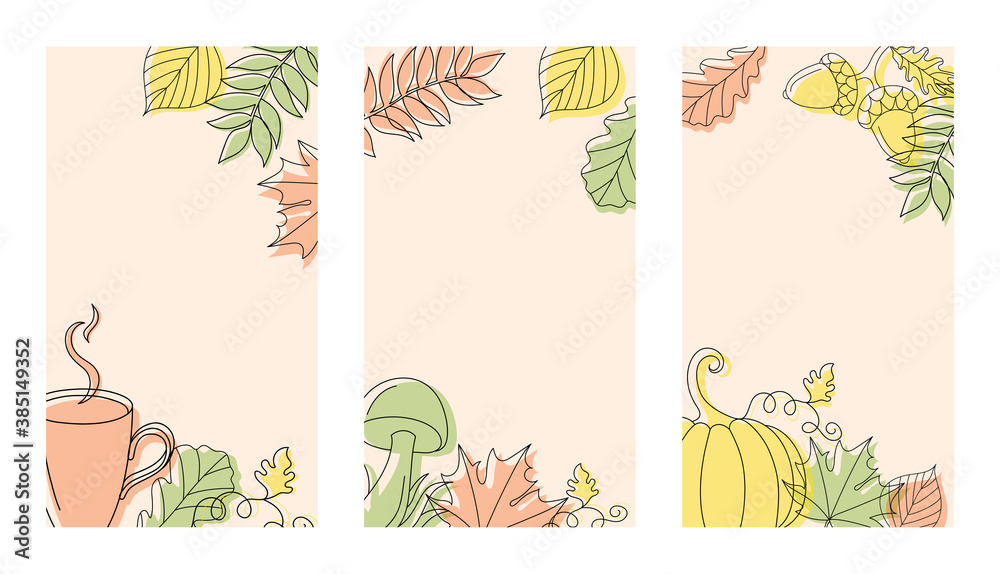 Three different vertical autumn backgrounds in linear style with a mushroom, a pumpkin, a cup and some leaves.