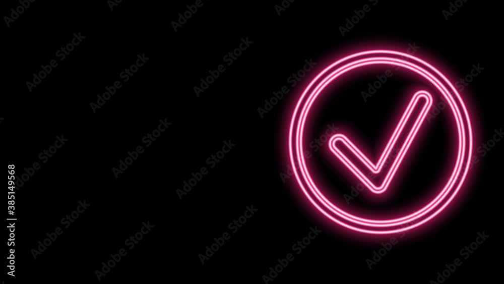 Glowing neon line Check mark in circle icon isolated on black background. Choice button sign. Checkmark symbol. 4K Video motion graphic animation Glowing neon line Check mark in circle icon isolated on black background. Choice button sign. Checkmark symbol. 4K Video motion graphic animation
