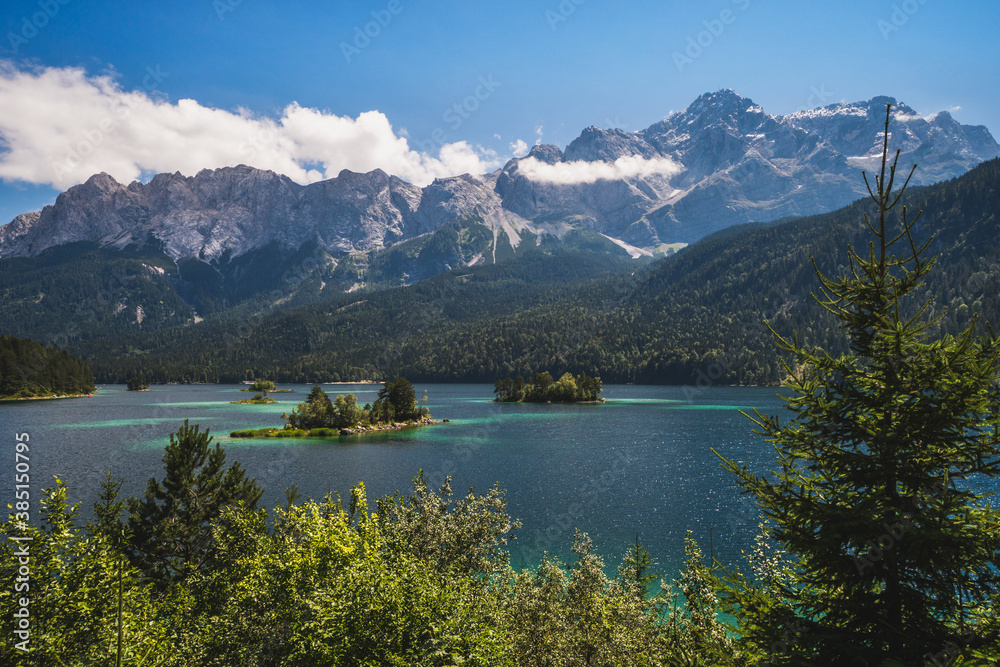 Beautiful view of Eibsee lake in Bavaria and Zugspitze mountain, highest point in Germany