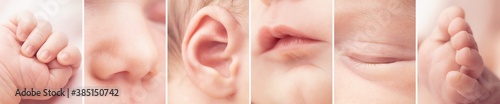 Fotografie Closeup Of Newborn Baby Showing The Five Senses - Sight, Sound, Smell, Taste, an