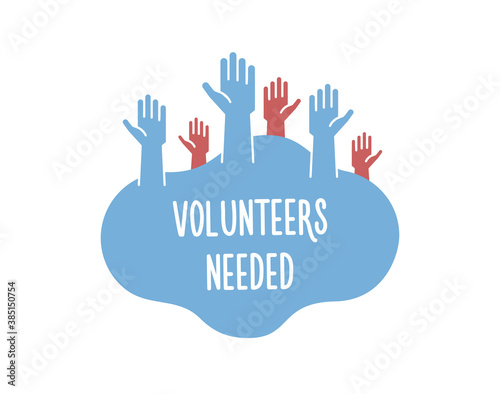Volunteers and charity work. Raised helping hands. Vector filled flat isolated banner illustration with a crowd of people ready and available to help and contribute. Positive service or business