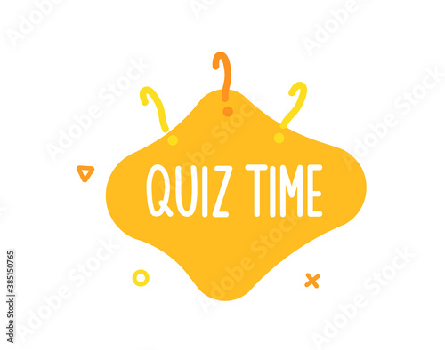Quiz time text on liquid shape with question marks and geometric outline figures. Vector graphic design template for quiz question games, questionnaires, education, pub and bar events, online games