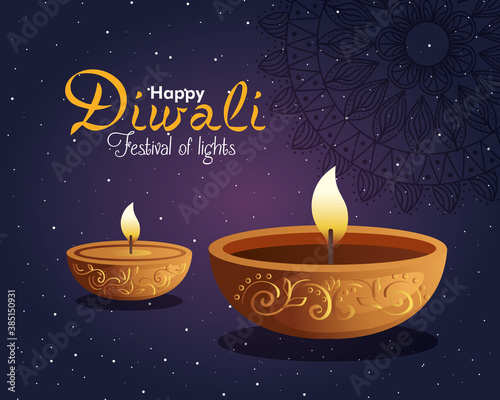 Happy diwali diya candles with mandala and stars on purple background design, Festival of lights theme Vector illustration