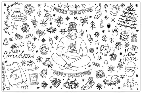 Big set of Christmas and New year elements. Hand drawn vector isolated illustration. Interior decorations, Christmas food, Christmas entertainment