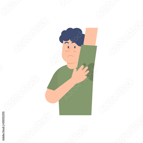 illustration of boy pointing at wet armpits. body sweating. flat style. design elements