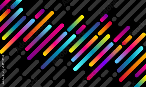 Fond abstrait et psychédélique avec des lignes en biais aux couleurs arc en ciel fluorescentes.