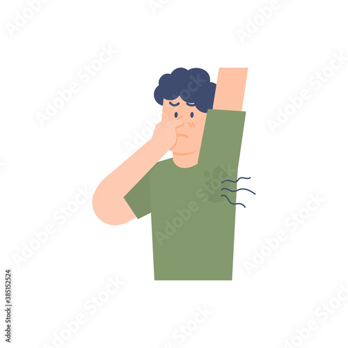 illustration of a man pinching his nose because his armpits are smelly and sweaty or wet. flat style. design elements