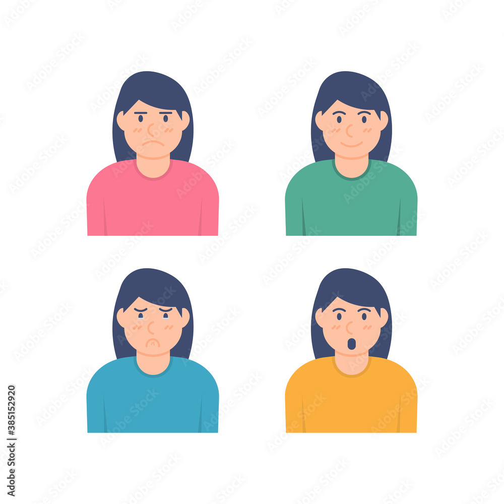 illustration of a collection of female characters with various expressions. expression happy, sad, shocked or gawking, and angry. vector face of a child. flat style. design elements illustration of a collection of female characters with various expressions. expression happy, sad, shocked or gawking, and angry. vector face of a child. flat style. design elements
