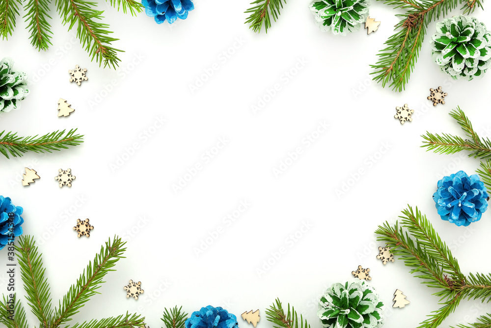 Christmas frame with blue and green cones.